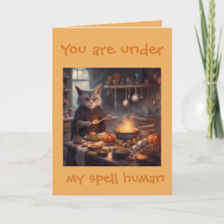 Druid Cat casts a spell on Halloween greeting card