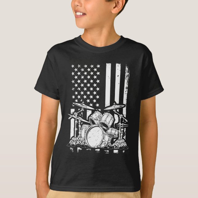 Drum Kit American Flag  Drummer Musician T-Shirt (Front)