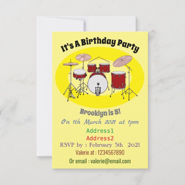 Drum kit cartoon illustration invitation (Front)