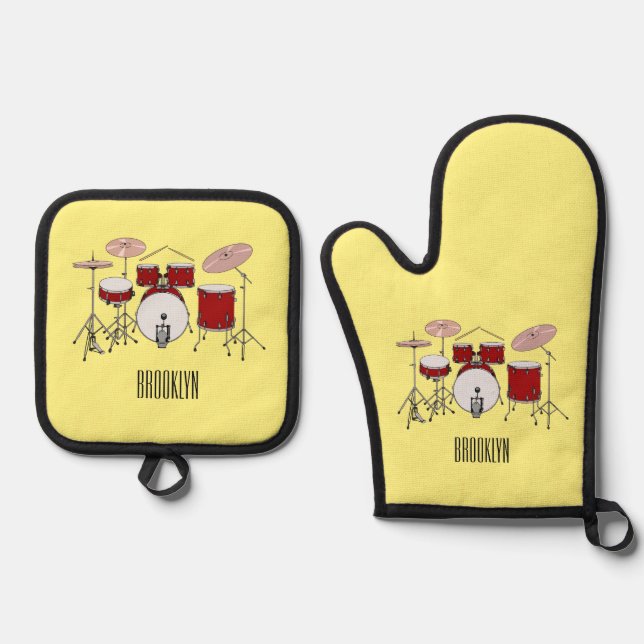 Drum kit cartoon illustration  oven mitt & pot holder set (Front)