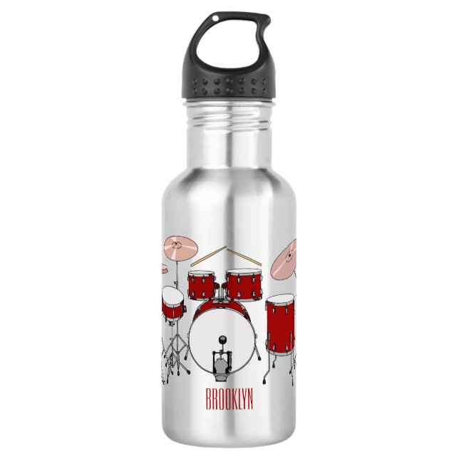 Drum kit cartoon illustration  stainless steel water bottle (Front)