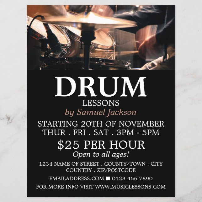 Drum Kit, Drum Lessons Advertising Flyer (Front)