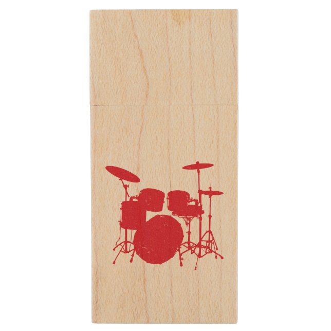 Drum Kit Silhouette Wood USB Flash Drive (Front Vertical)
