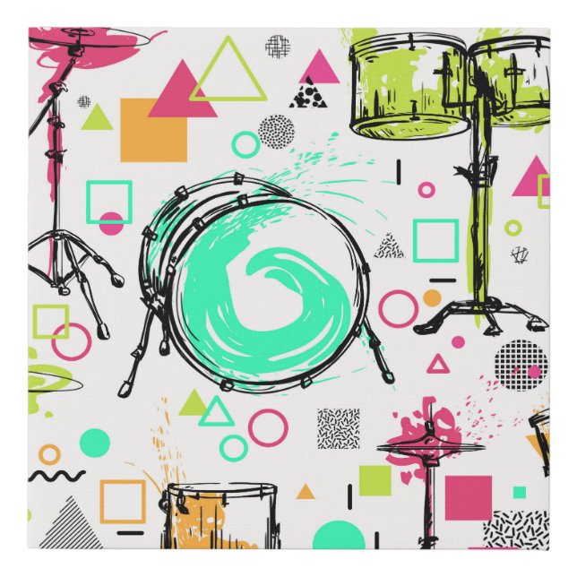 Drum Kit: Watercolor Memphis Retro. Faux Canvas Print (Front)