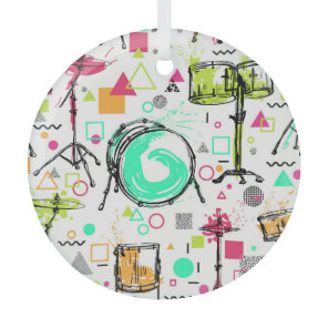 Drum Kit: Watercolor Memphis Retro. Glass Ornament