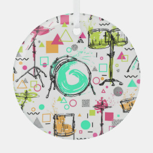 Drum Kit: Watercolor Memphis Retro. Glass Ornament