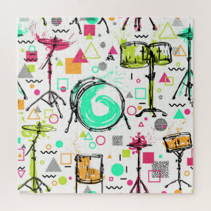Drum Kit: Watercolor Memphis Retro. Jigsaw Puzzle