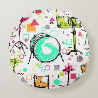 Drum Kit: Watercolor Memphis Retro. Round Pillow