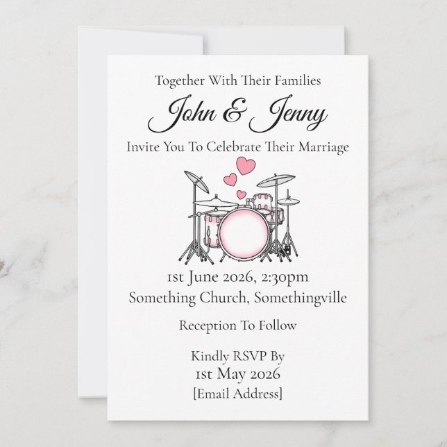 Drum Kit Wedding Invitation Drummer Musicians (Front)