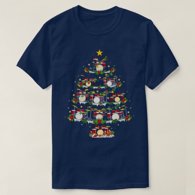Drum Music Lover Xmas Lighting Drum Christmas Tree T-Shirt (Design Front)