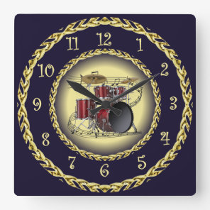 Drum Set 02 ~ Musical Scroll ~ Gold/Navy Blue  ~  Square Wall Clock