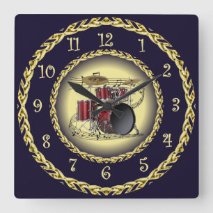 Drum Set 02 ~ Musical Scroll ~ Gold/Navy Blue ~ Square Wall Clock