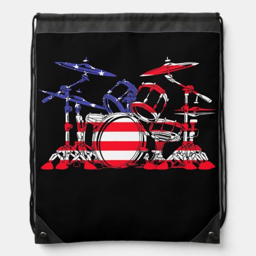Drum Set American Flag Patriotic Drummer Men Drawstring Bag