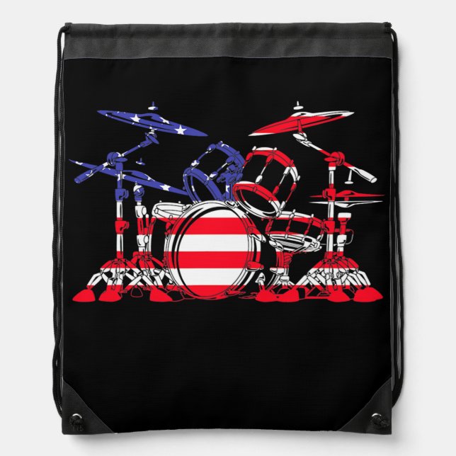 Drum Set American Flag Patriotic Drummer Men Drawstring Bag (Front)