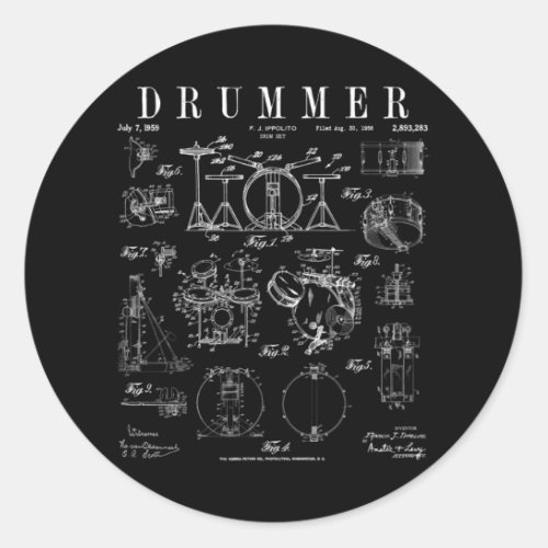 Drum Set Kit Vintage Patent Drummer Drawing Print Classic Round Sticker