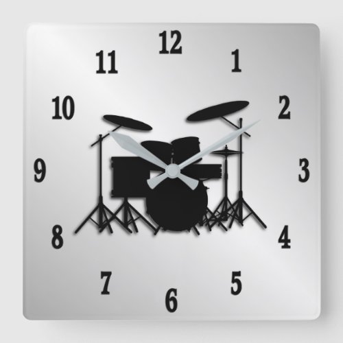 Drum Set Music Design Black Numbers Square Wall Clock