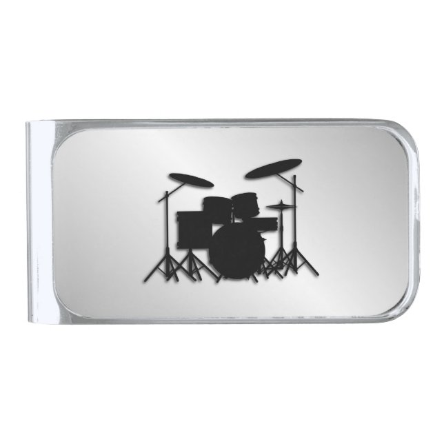 Drum Set Music Design Silver Finish Money Clip (Front)