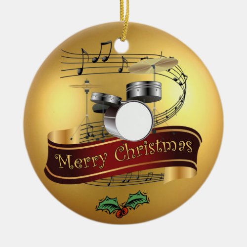 Drum Set  Musical Scroll  Gold Merry Christmas  Ceramic Ornament