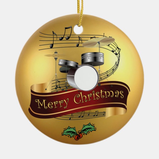 Drum Set ~ Musical Scroll ~ Gold Merry Christmas ~ Ceramic Ornament (Front)