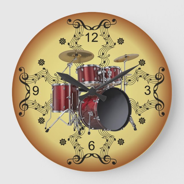 Drum Set ~ Musical Scroll ~ Golden Background ~ Large Clock (Front)