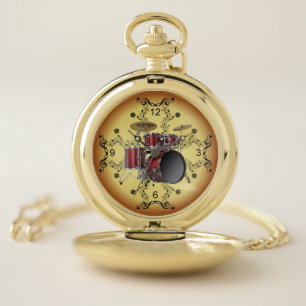 Drum Set ~ Musical Scroll ~ Golden Background ~ Pocket Watch