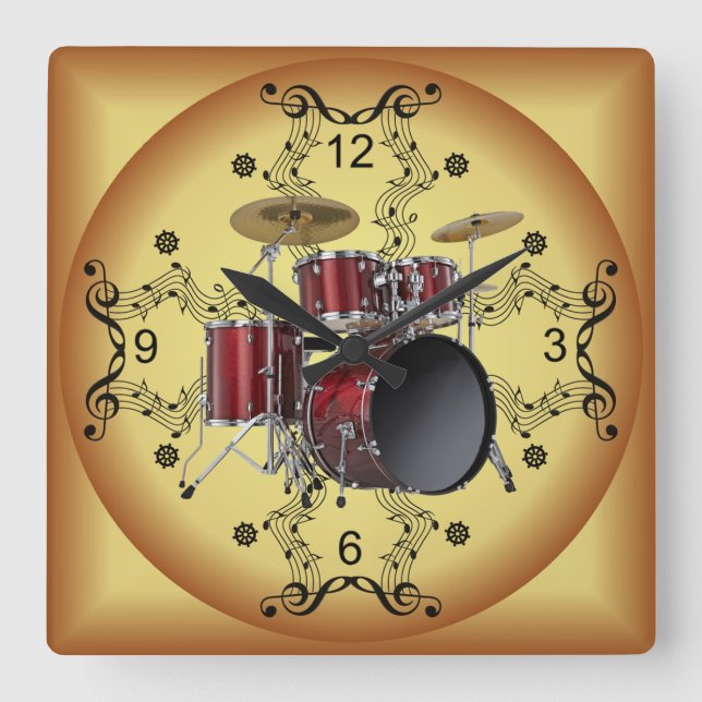Drum Set ~ Musical Scroll ~ Golden Background ~ Square Wall Clock (Front)