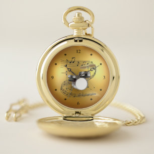 Drum Set~Musical Scroll~ Golden Globe Background ~ Pocket Watch
