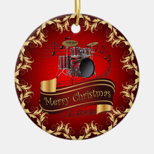 Drum Set  Musical Scroll  Merry Christmas     Ceramic Ornament