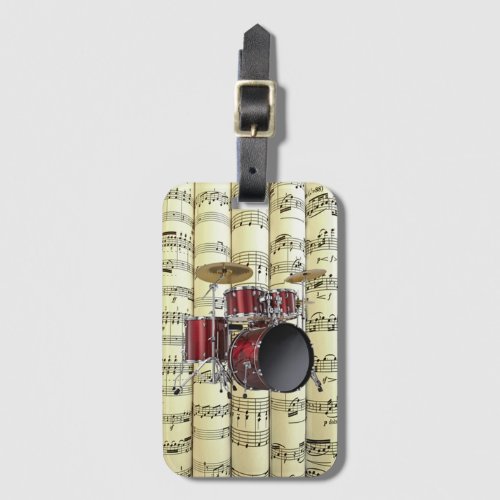 Drum Set On Rolled Sheet Music   Luggage Tag