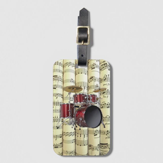 Drum Set On Rolled Sheet Music ~  Luggage Tag (Front Vertical)