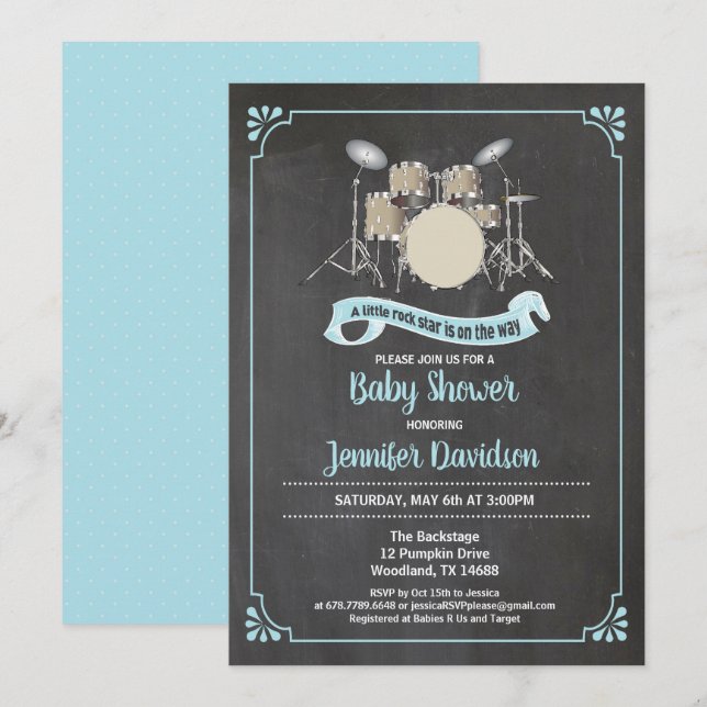 Drum set rockster baby shower invitation (Front/Back)