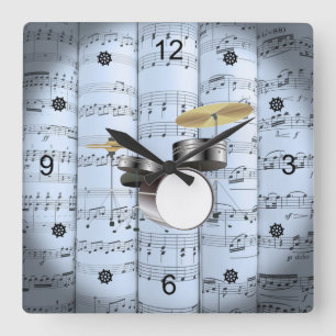 Drum Set~Rolled Sheet Music~Blue Tint Background Square Wall Clock