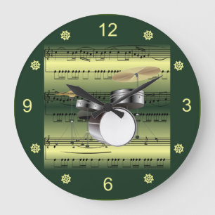 Drum Set~Rolled Sheet Music~Gold/Green Background Large Clock