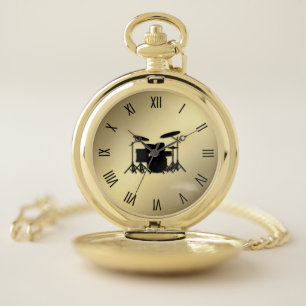 Drum Set Roman Numerals Gold Pocket Watch