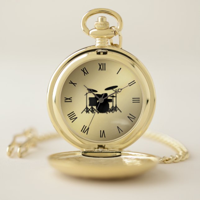 Drum Set Roman Numerals Gold Pocket Watch (Inside)