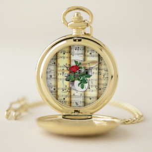 Drum Set & Rose ~ Rolled Sheet Music ~ Great Gift~ Pocket Watch