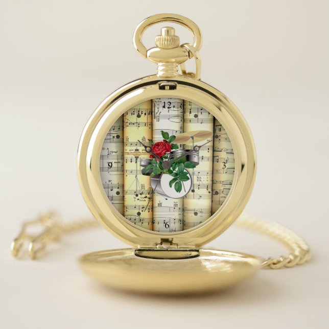 Drum Set & Rose ~ Rolled Sheet Music ~ Great Gift~ Pocket Watch (Inside)