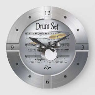 Drum Set ~ Sheet Music ~ Brushed Silver Color ~ Large Clock