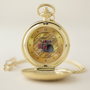 Drum Set ~ Sheet Music ~ Gold Background ~ Unique Pocket Watch