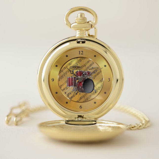 Drum Set ~ Sheet Music ~ Gold Background ~ Unique Pocket Watch (Inside)