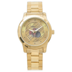 Drum Set ~ Sheet Music ~ Gold Background ~ Unique Watch