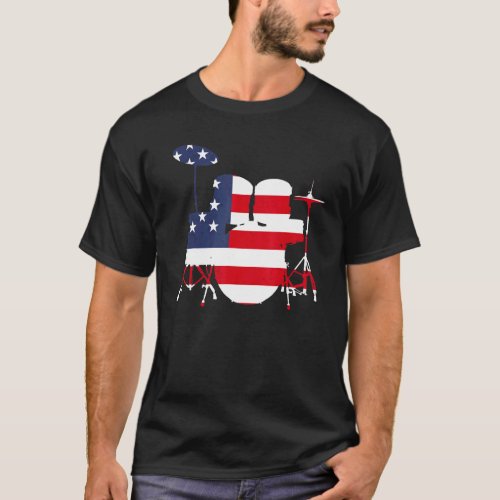 Drum Set Silhouette With American Flag Background  T_Shirt