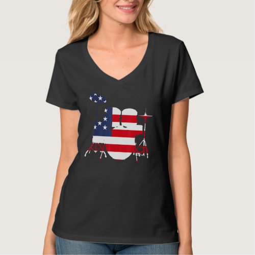 Drum Set Silhouette With American Flag Background  T_Shirt