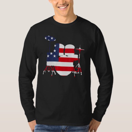 Drum Set Silhouette With American Flag Background  T_Shirt