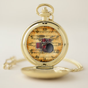 Drum Set ~ Vintage Sheet Music Background ~ Unique Pocket Watch