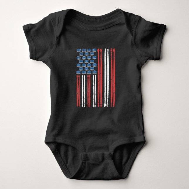 Drum Sticks American Flag Drumming Percussion Baby Bodysuit (Front)