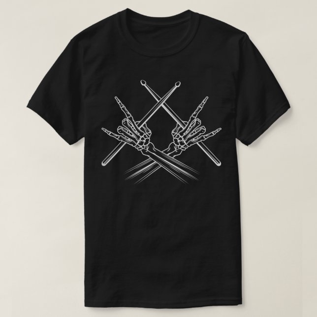 Drum Sticks Rock ' Roll Skeleton Hand Horn T-Shirt (Design Front)