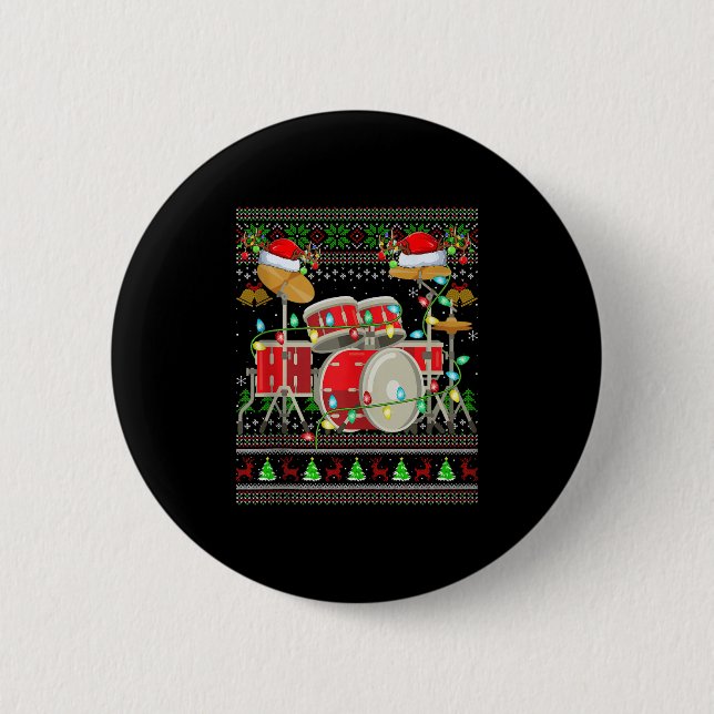 Drum Ugly Christmas Sweater Musical Drum Player Dr Button (Front)