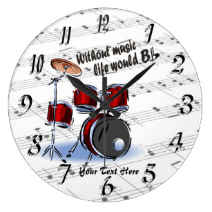 Red Black or Silver Drummer Gift set Drum Wall Clock White Face 15" or 17" 
