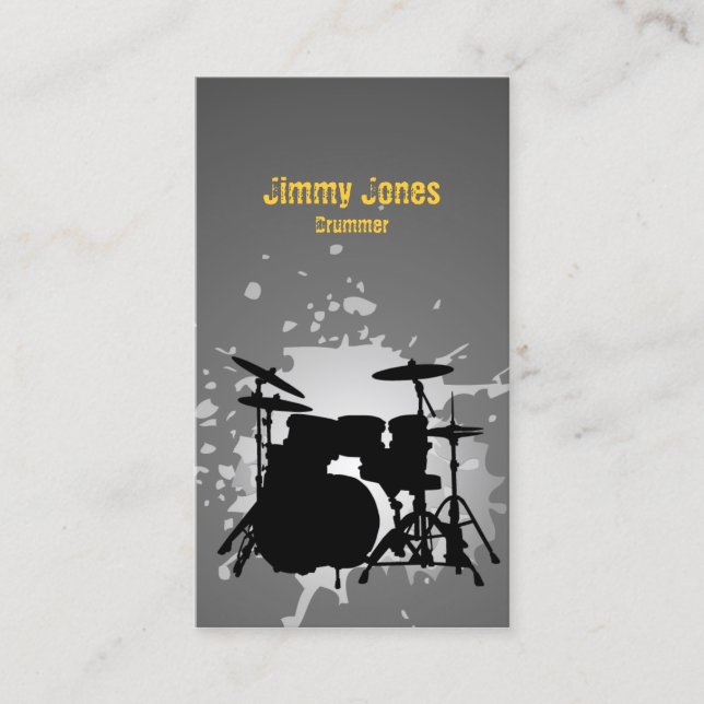 Drumkit Silhouette Splatter Grey Business Card (Front)